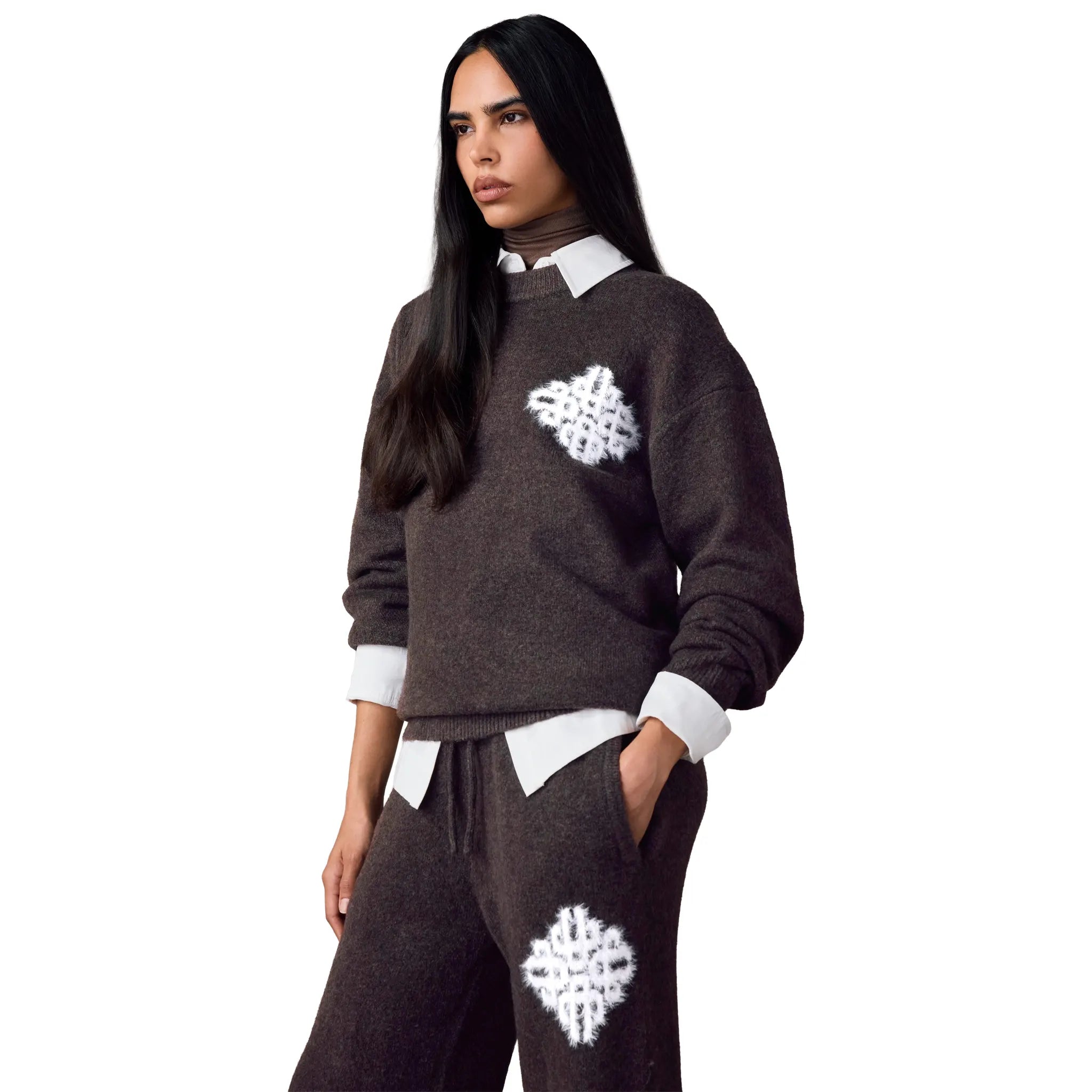 Model View of The Couture Club Emblem Fluffy Knit Brown Sweatshirt TCCM3372